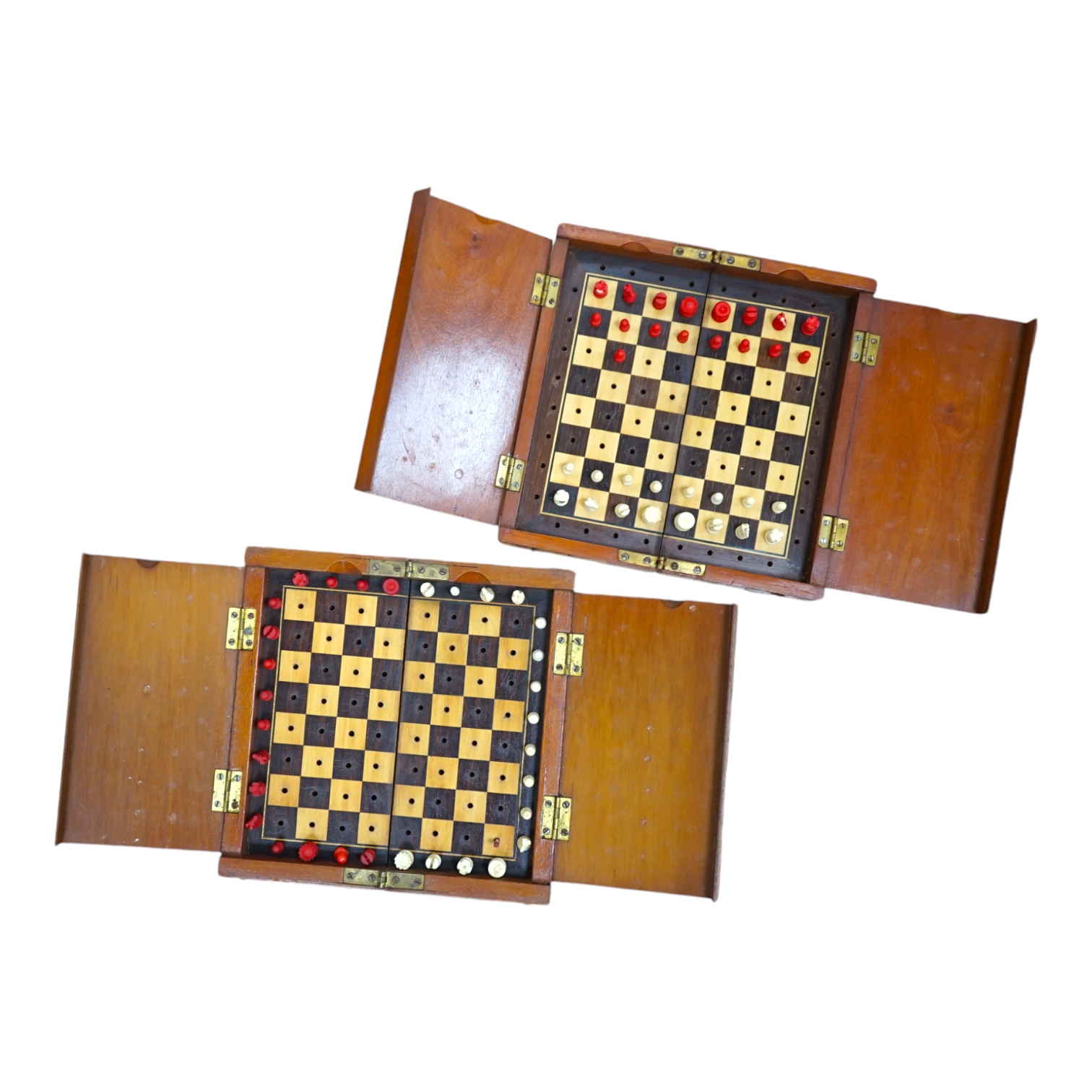 Two In Statu Quo type travelling chess sets, one with bone pieces, the other plastic. Condition - fair to good